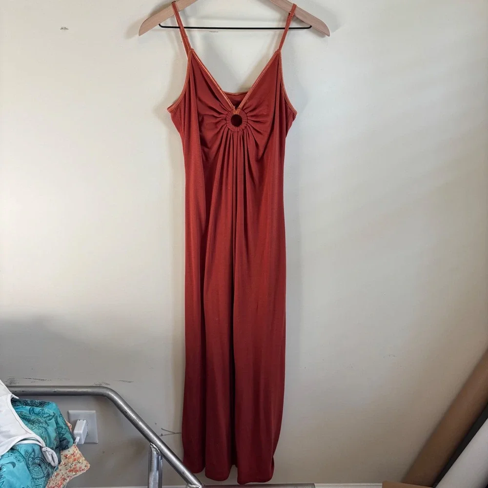 Terracotta Rust O-Ring Pleated Maxi Dress Sleeveless Jersey Knit Large